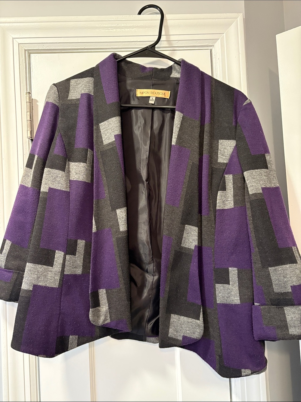 Nipon Boutique Purple and Gray Geometric Open-Front Jacket
